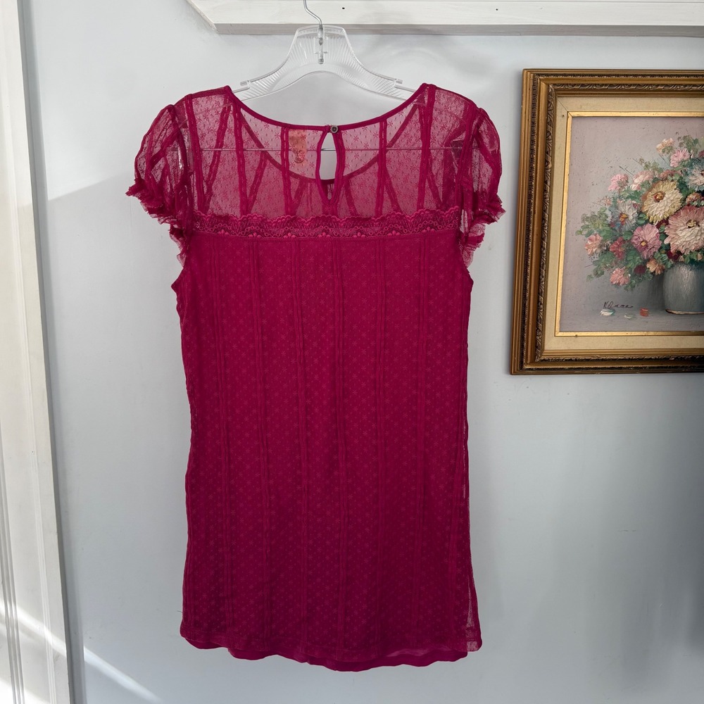 Free People Magenta Lace Trim Short Sleeve Blouse - Picture 3 of 6